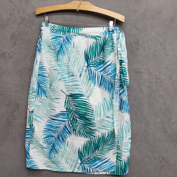 TAHARI Womens 100% Linen Palm Leaf Wrap Midi Skirt With Elastic Back Size Large - Picture 1 of 5